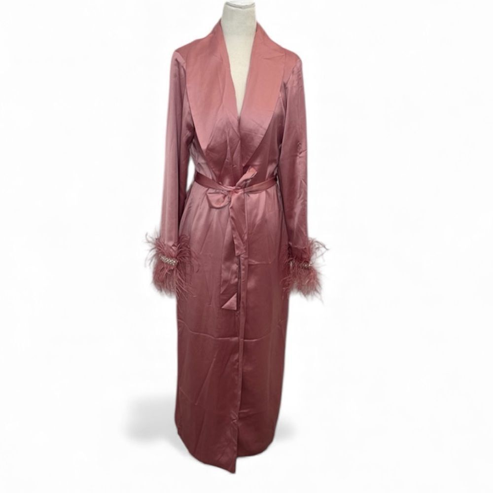 naked wardrobe Rose Satin Feather-Trim Long Robe